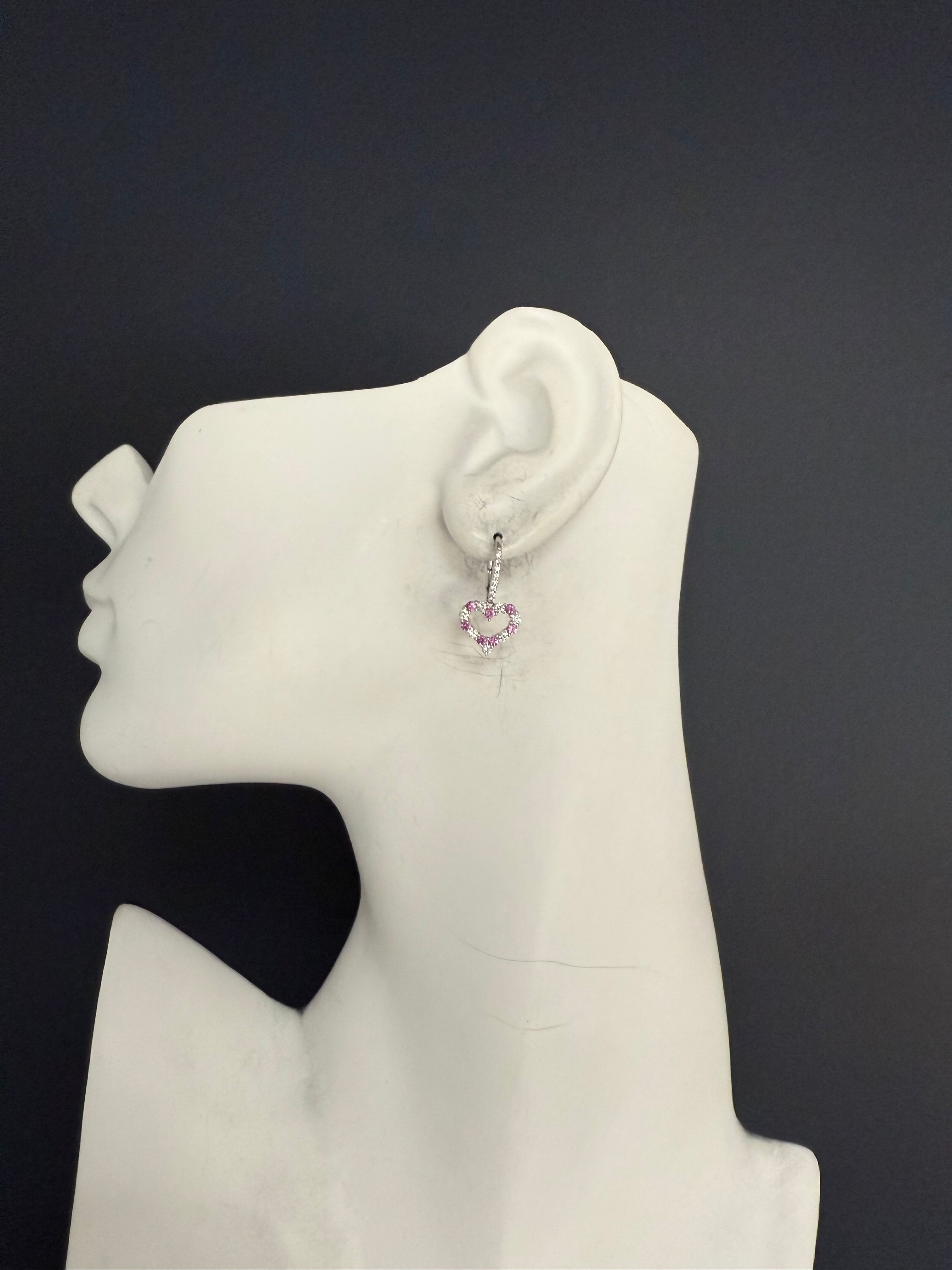 Modern White Gold 1.08 CT Natural Diamond & Pink Sapphire Heart Drop Earrings