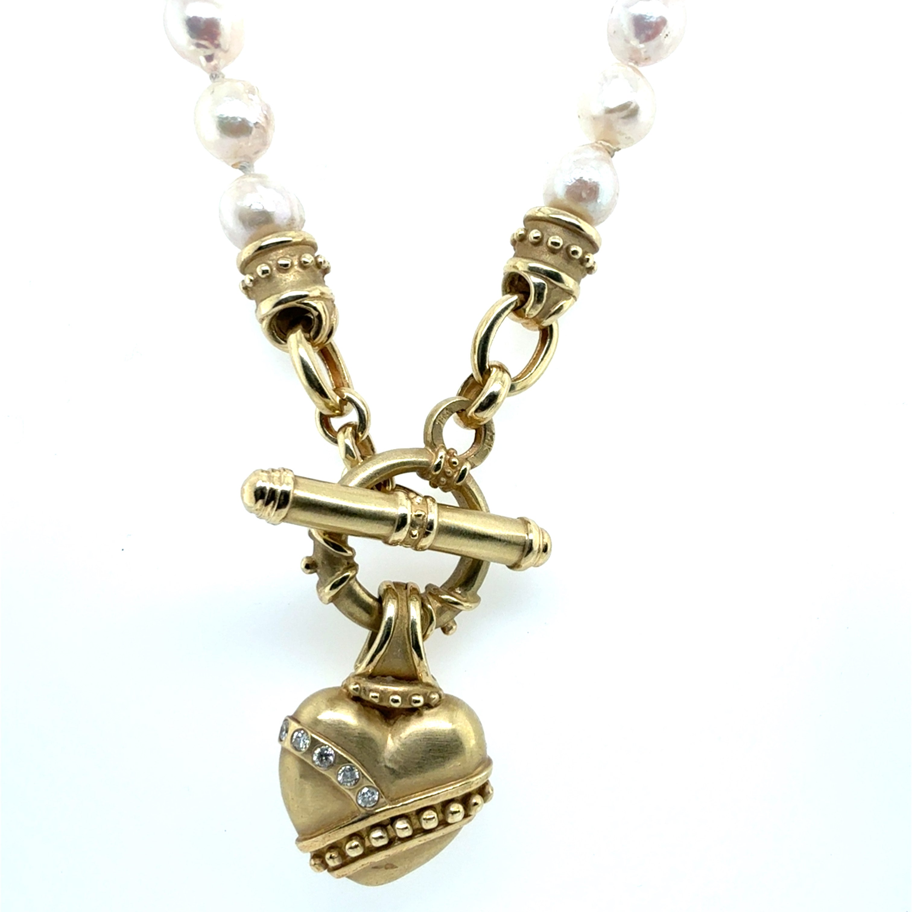 Retro Gold Natural Diamond & Pearl Statement Necklace Heart Toggle Clasp 1980