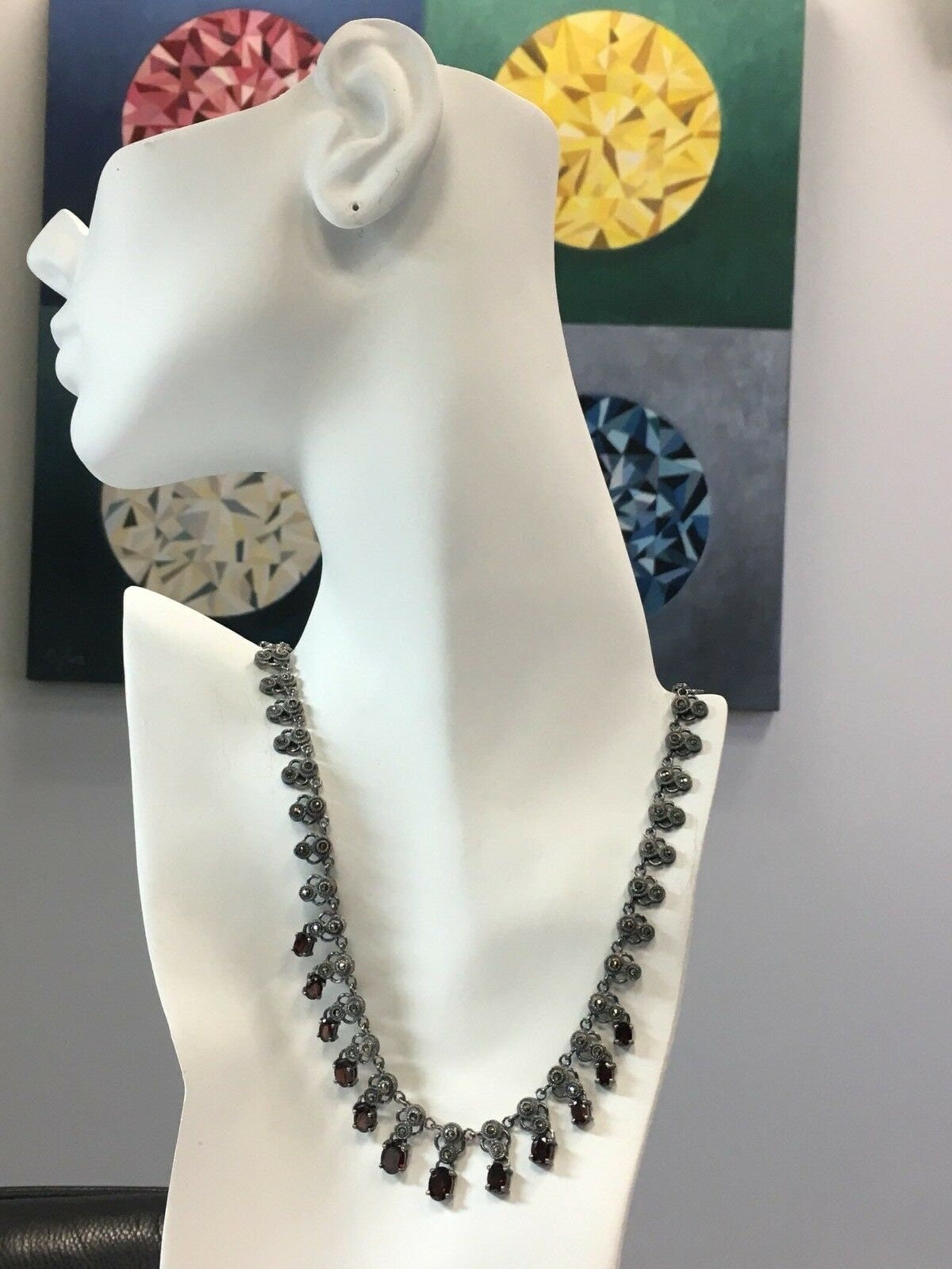 Rare Estate 925 Silver 41.27g Vintage Necklace Red Garnet Like Antique Gem Stone