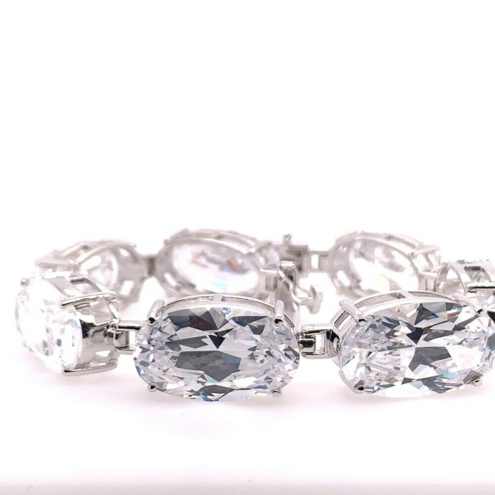 400ct! 925 Silver Large Bracelet Simulant 24x14mm Oval Gem Stone Estate