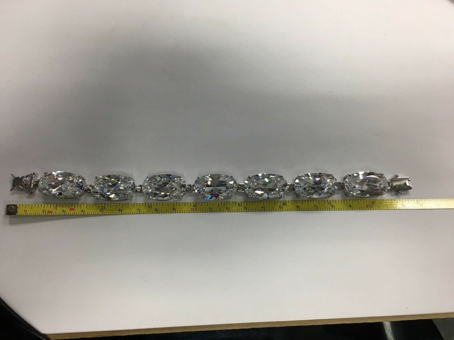 400ct! 925 Silver Large Bracelet Simulant 24x14mm Oval Gem Stone Estate
