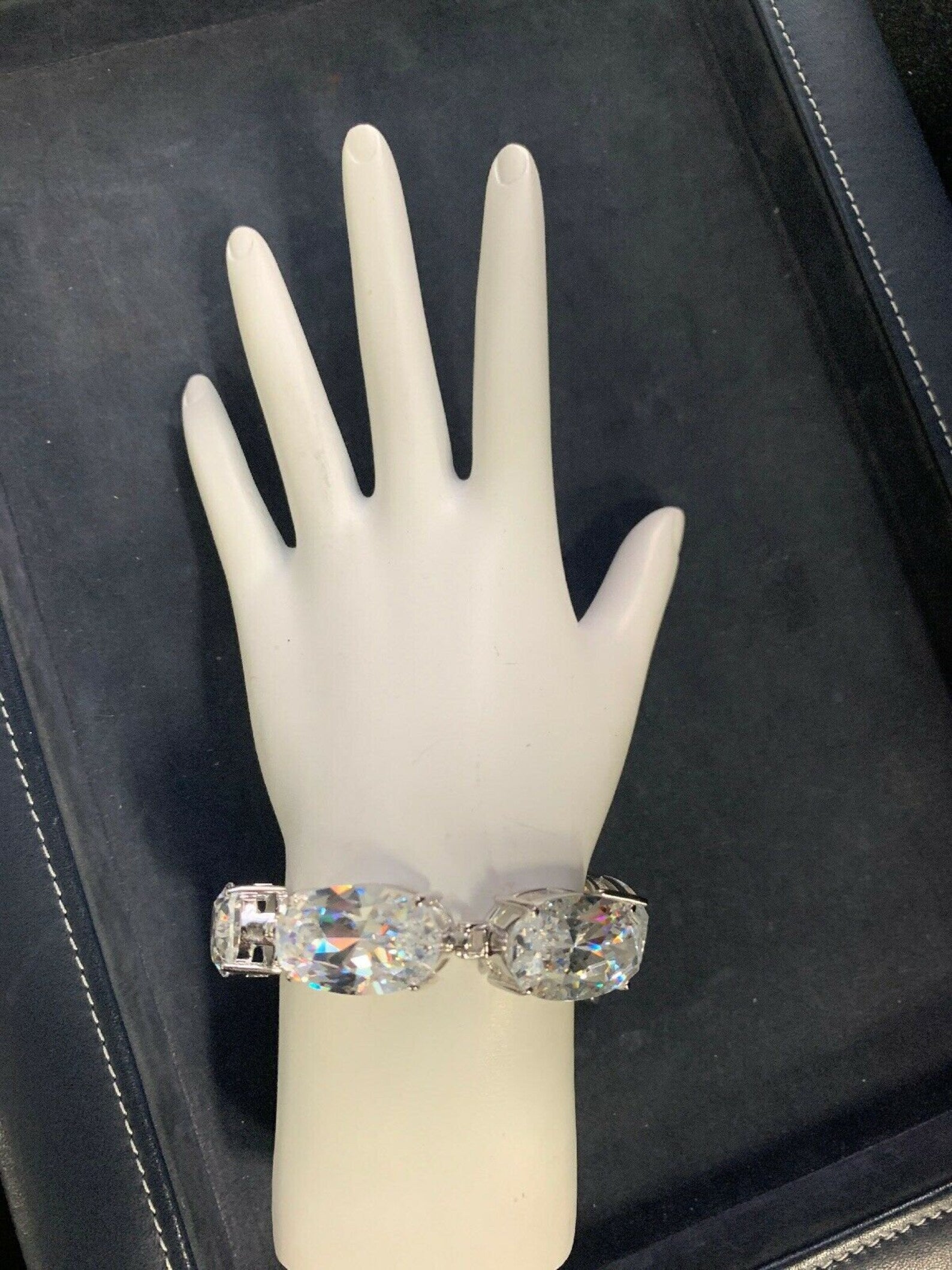 400ct! 925 Silver Large Bracelet Simulant 24x14mm Oval Gem Stone Estate