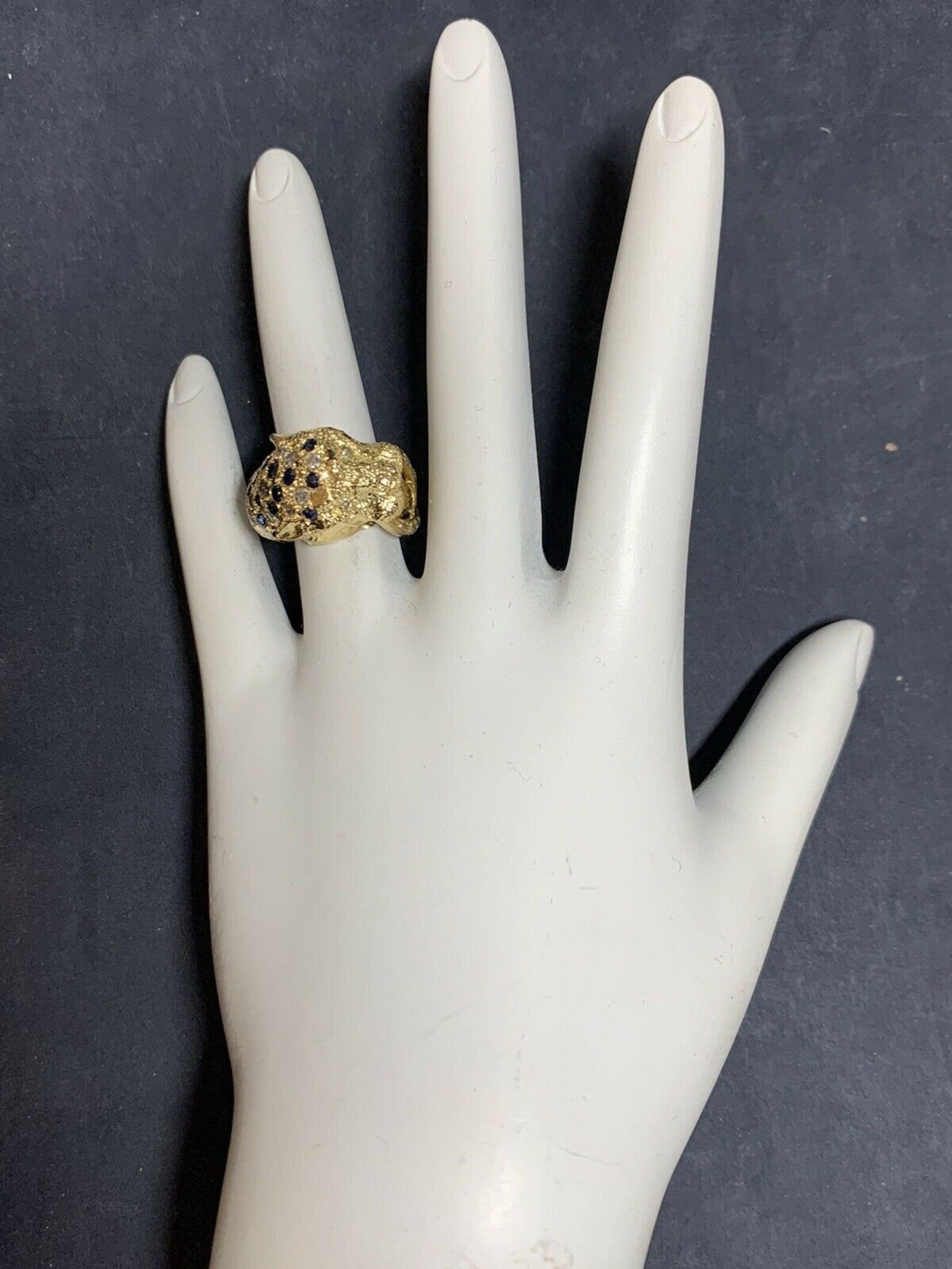 Retro Gold Lion Ring APX .60 Carat Natural Diamond Sapphire Gem Stone Circa 1960