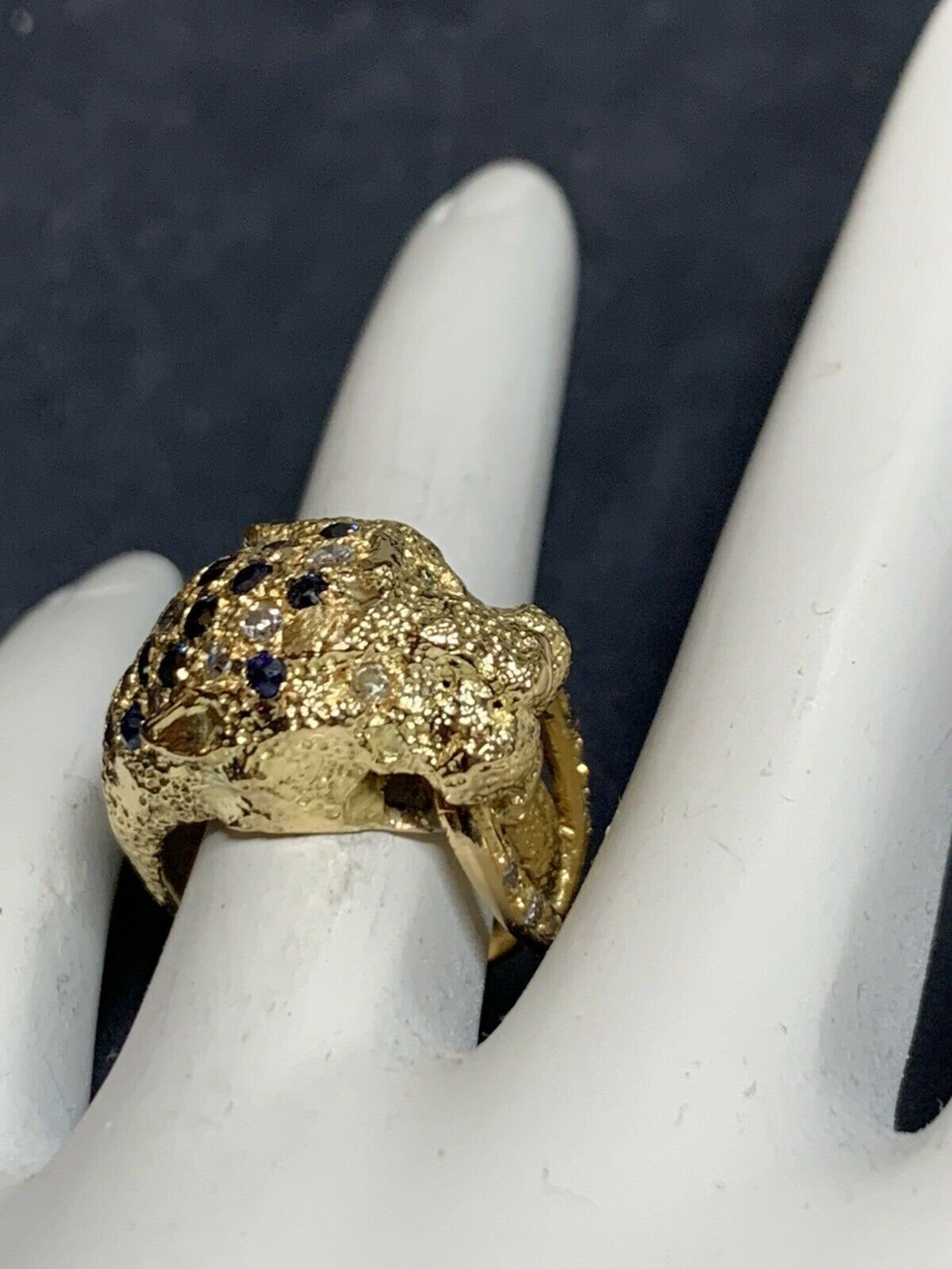 Retro Gold Lion Ring APX .60 Carat Natural Diamond Sapphire Gem Stone Circa 1960