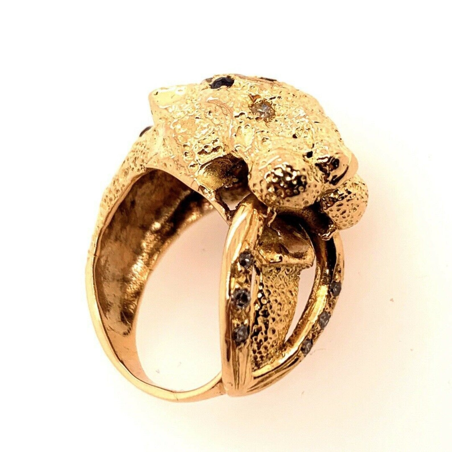 Retro Gold Lion Ring APX .60 Carat Natural Diamond Sapphire Gem Stone Circa 1960