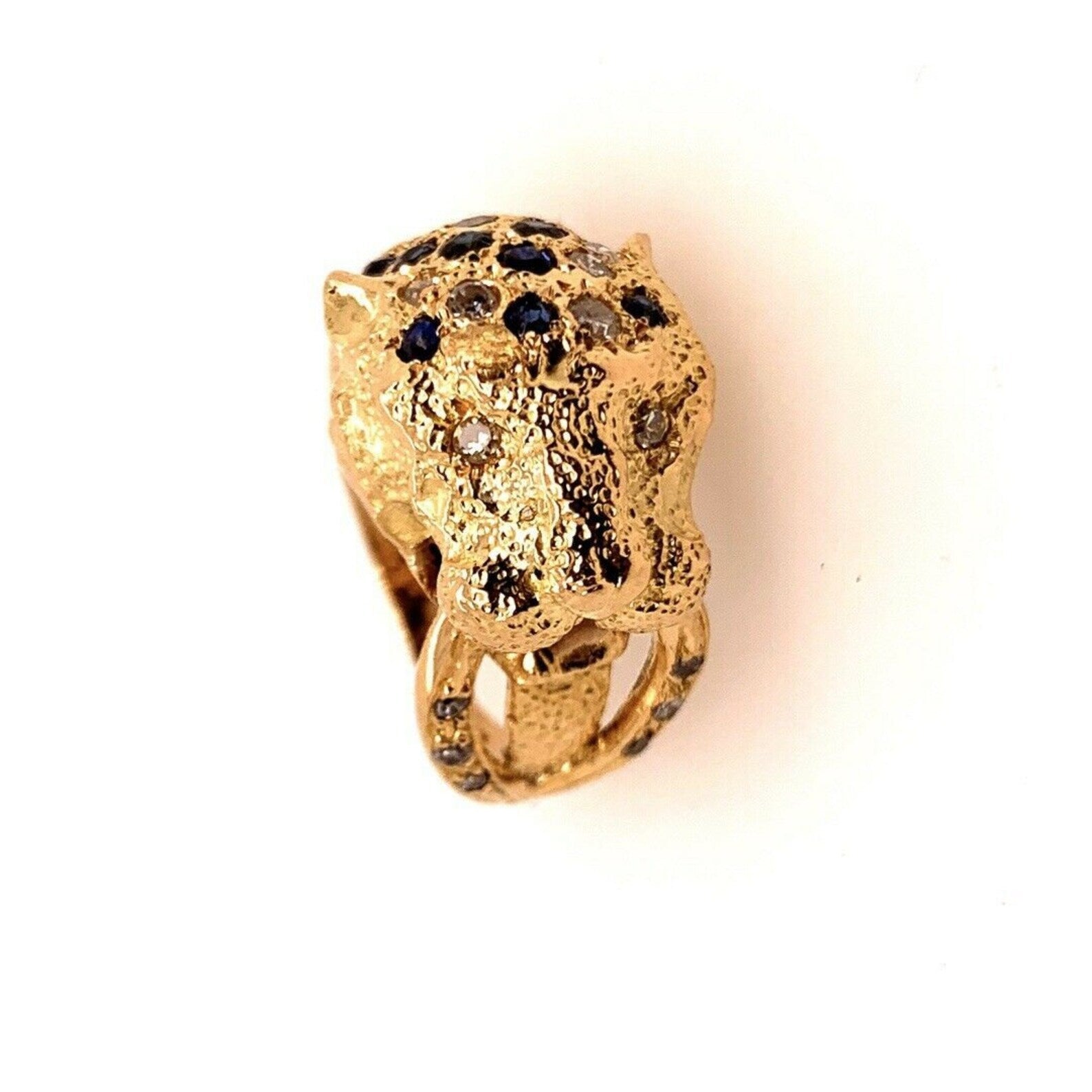Retro Gold Lion Ring APX .60 Carat Natural Diamond Sapphire Gem Stone Circa 1960