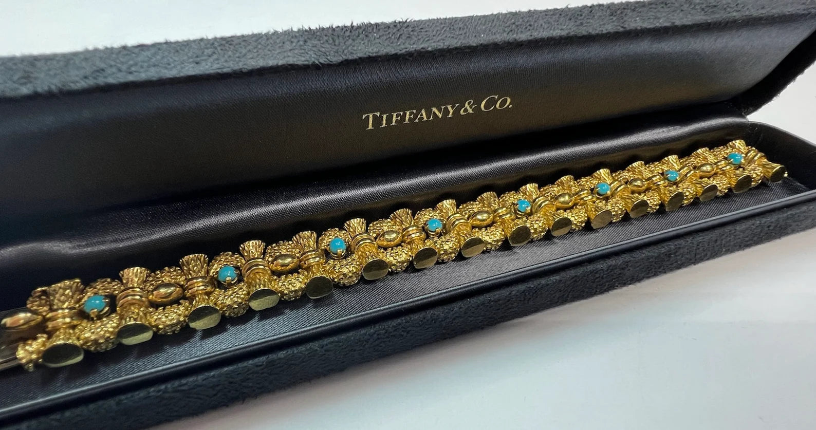 Retro Original Tiffany & Company Yellow Gold and Turquoise Bracelet Circa 1960