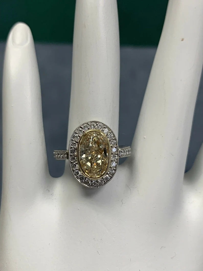 EGL Certified 2 Carat Natural Oval U-V Light Yellow VS2 Diamond Engagement Ring