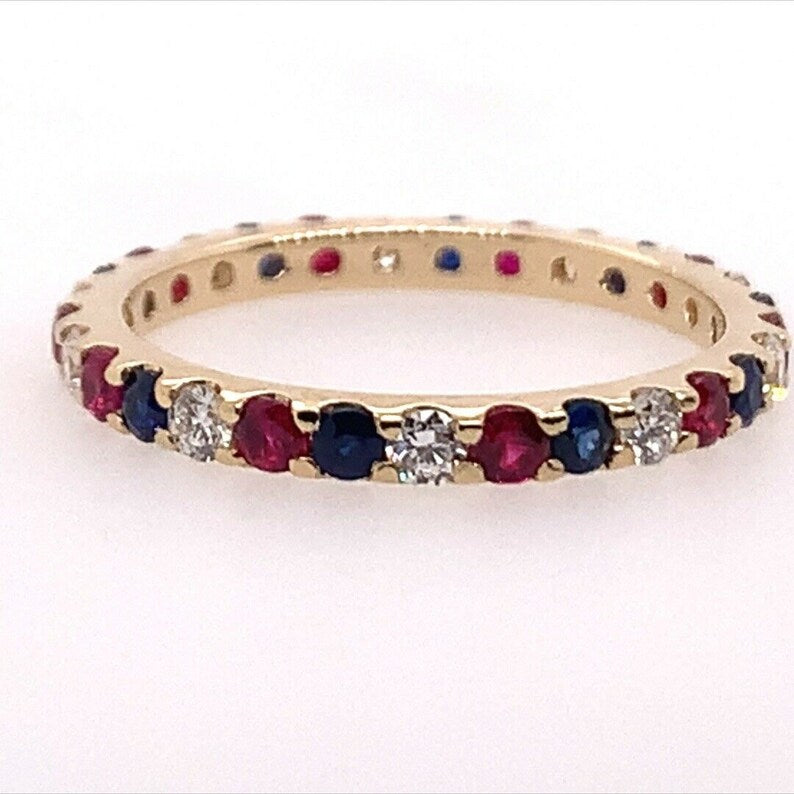 Modern Gold Eternity Band 1.05 Carat Natural Ruby Diamond Sapphire Patriot Ring