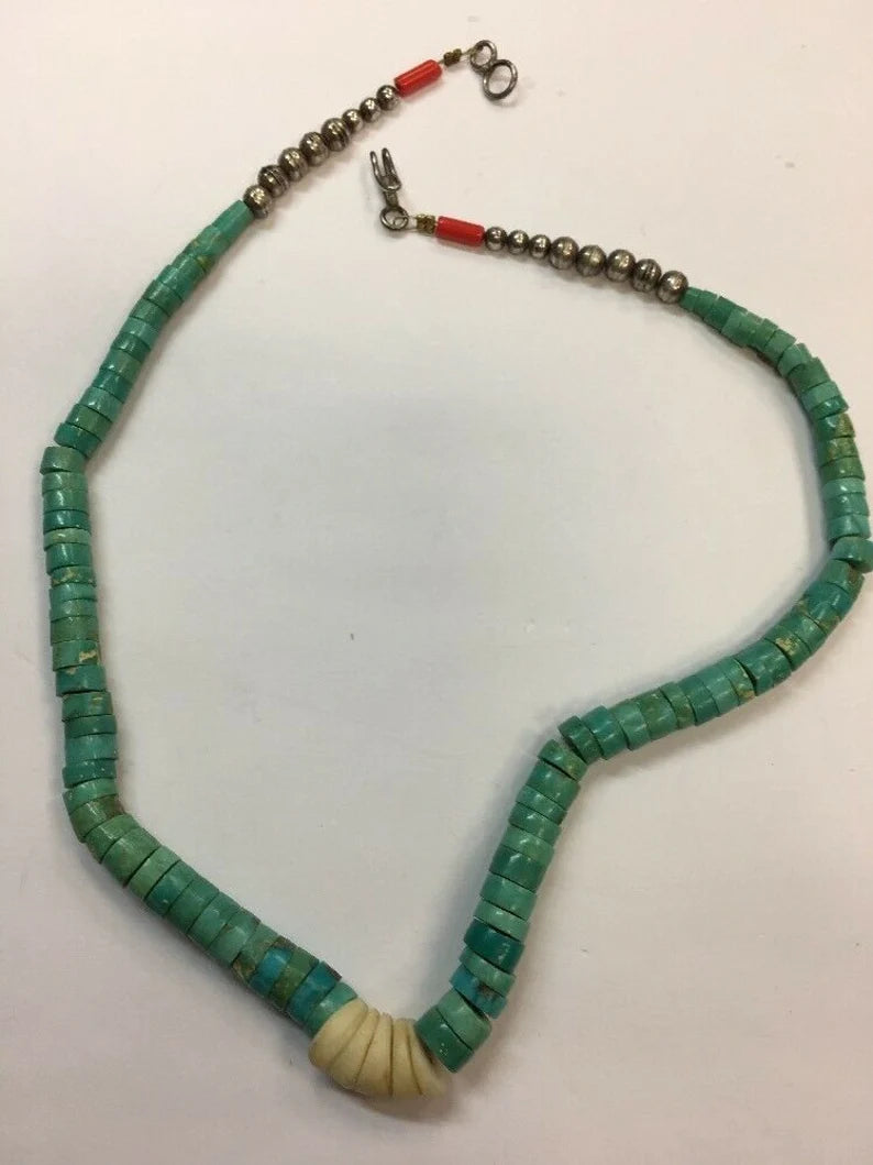 Estate Native Silver 26.3g Natural Turquoise Heishi Bead Vintage Necklace Gem