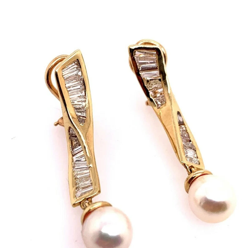 Retro Gold Earrings 1.50 Carat Natural Baguette Diamond & Pearl Circa 1970
