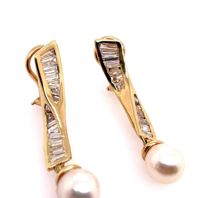 Retro Gold Earrings 1.50 Carat Natural Baguette Diamond & Pearl Circa 1970