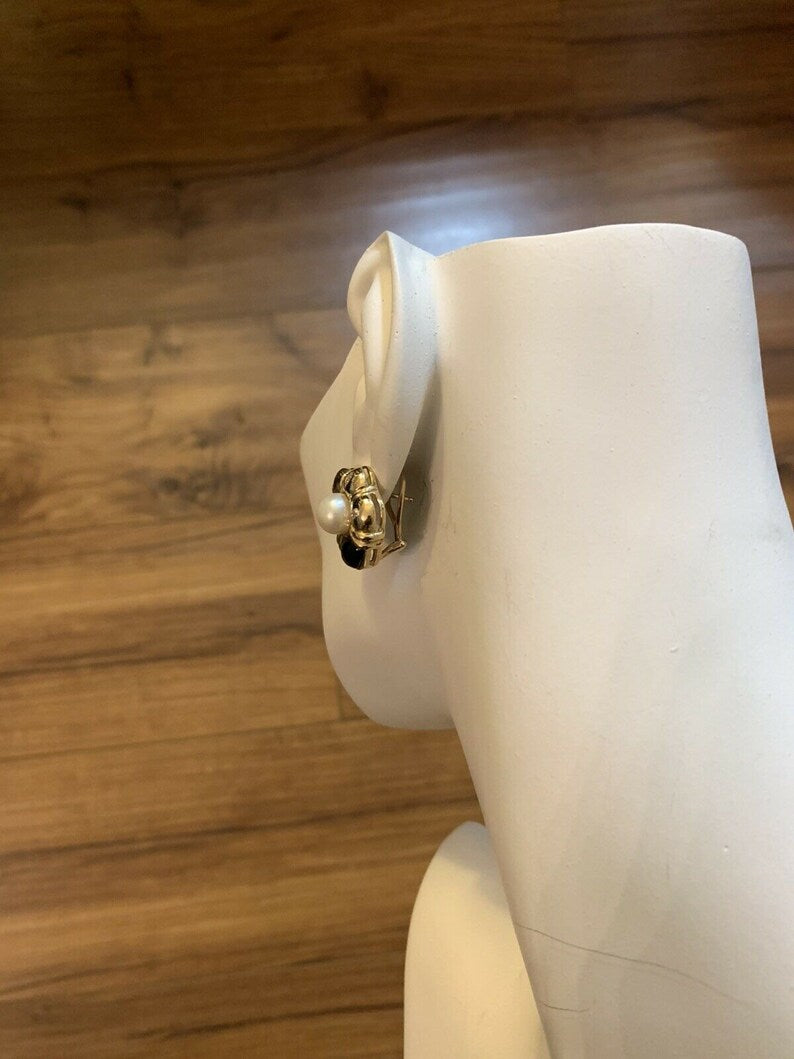 Retro Gold Natural Marquise Diamond, Onyx & Pearl Clip Earrings Circa 1980