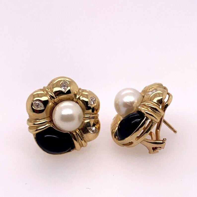 Retro Gold Natural Marquise Diamond, Onyx & Pearl Clip Earrings Circa 1980