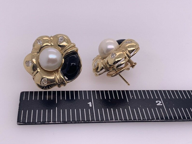 Retro Gold Natural Marquise Diamond, Onyx & Pearl Clip Earrings Circa 1980