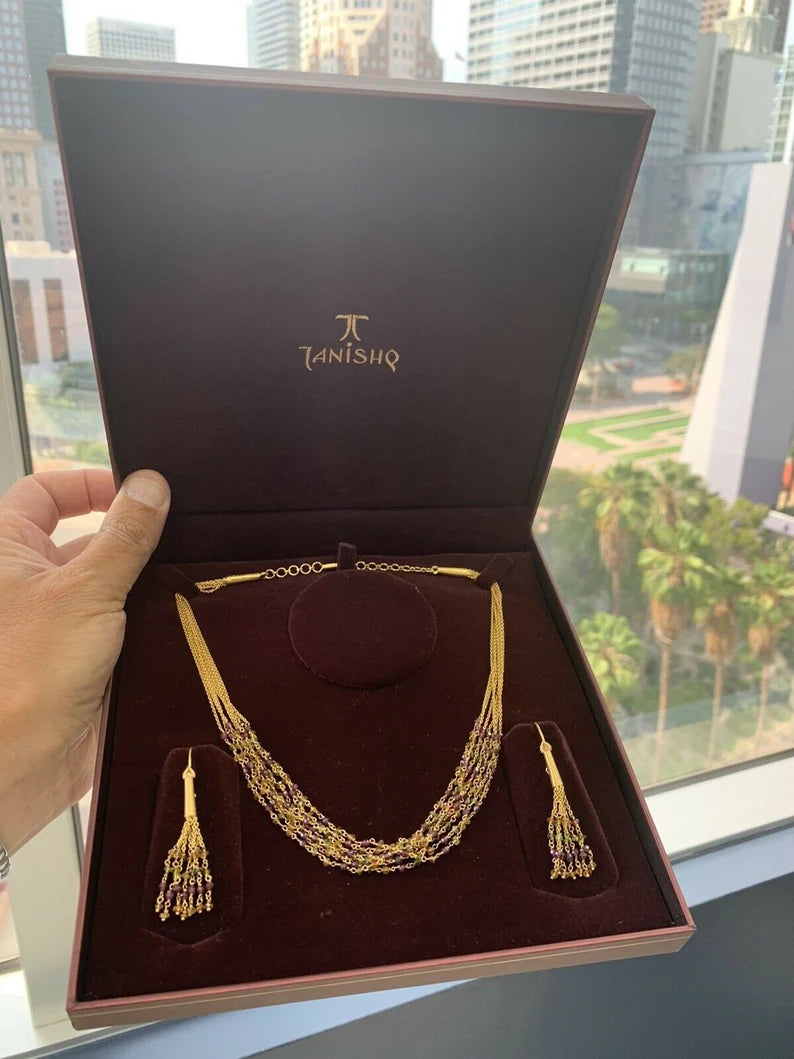 Modern Tanishq 22k Gold 31.31 Gram Necklace Earring Set Natural Colored Garnet