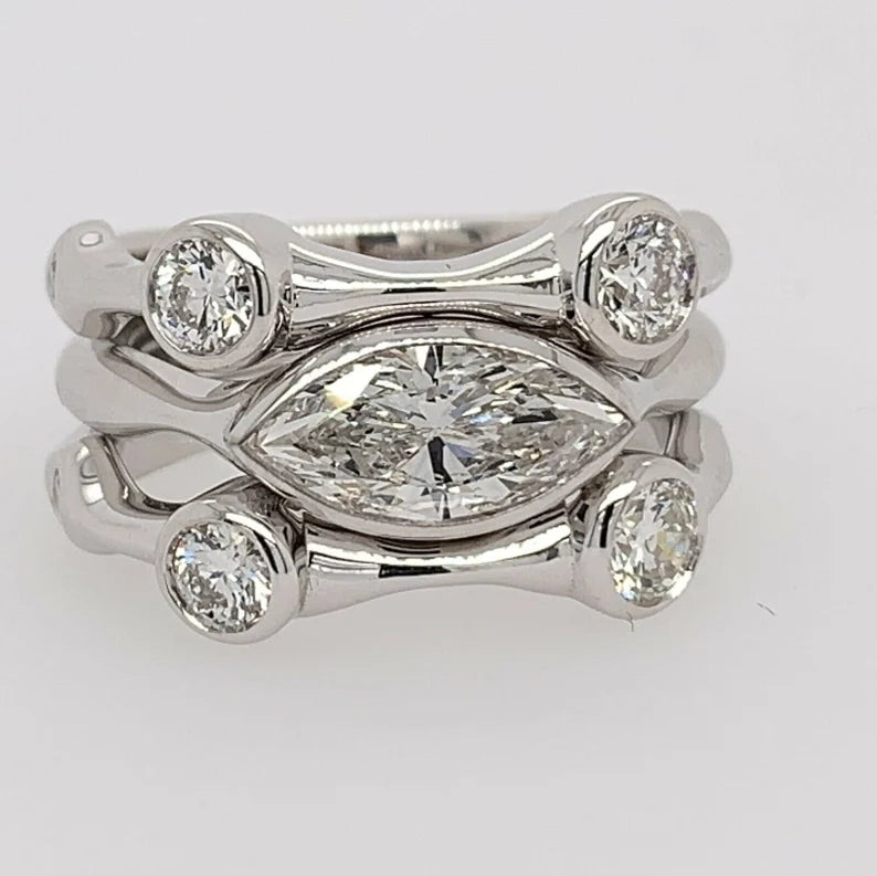 White Gold 1.63 Carat Natural Colorless Marquise & Round Diamond Stack Ring Set