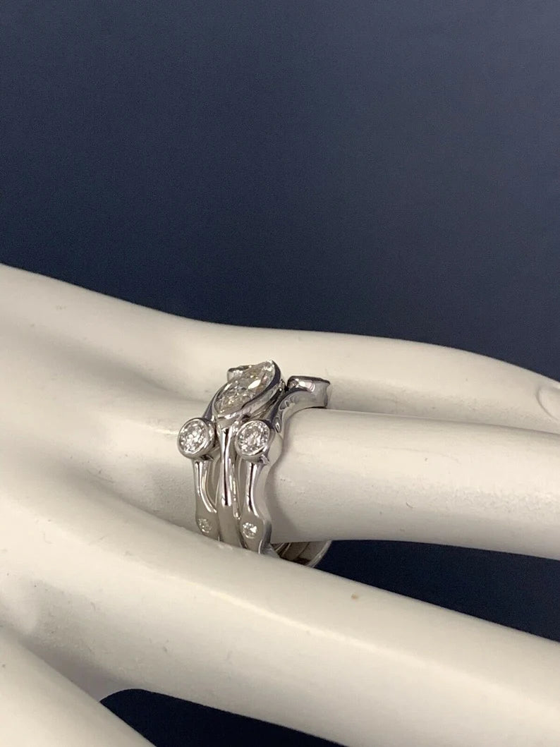 White Gold 1.63 Carat Natural Colorless Marquise & Round Diamond Stack Ring Set