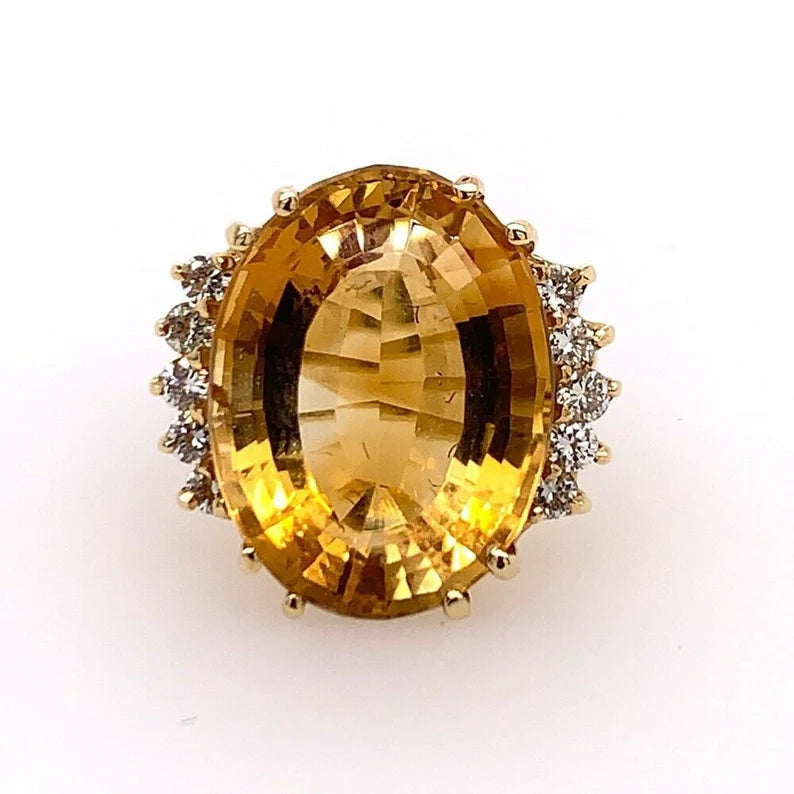 16.9 Carat Retro Gold Cocktail Ring Natural Diamond & Citrine Quartz Circa 1970
