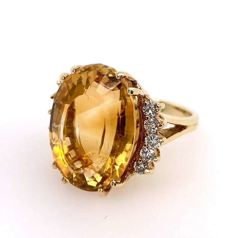 16.9 Carat Retro Gold Cocktail Ring Natural Diamond & Citrine Quartz Circa 1970