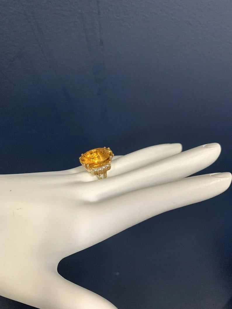 16.9 Carat Retro Gold Cocktail Ring Natural Diamond & Citrine Quartz Circa 1970