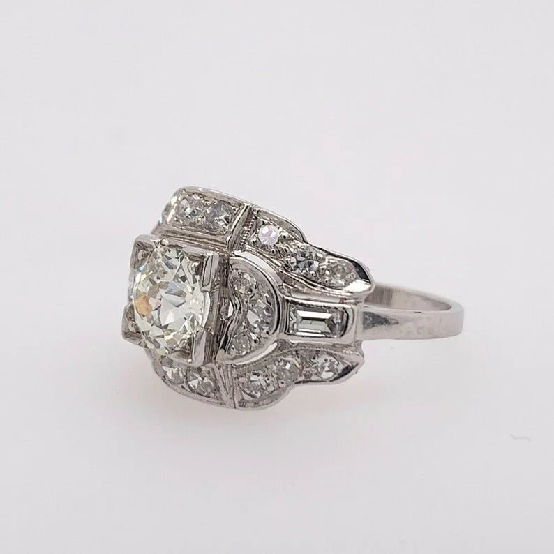 Art Deco Gold Ring 1.25 Carat Natural Old Euro & Baguette Diamond Circa 1950