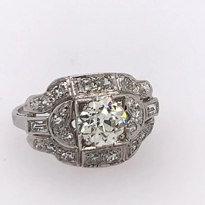 Art Deco Gold Ring 1.25 Carat Natural Old Euro & Baguette Diamond Circa 1950