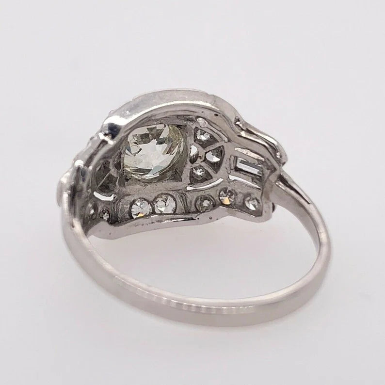 Art Deco Gold Ring 1.25 Carat Natural Old Euro & Baguette Diamond Circa 1950