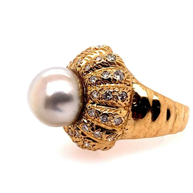 Retro Gold Natural Pearl & 0.81 Carat Colorless Diamond Cocktail Ring Circa 1950