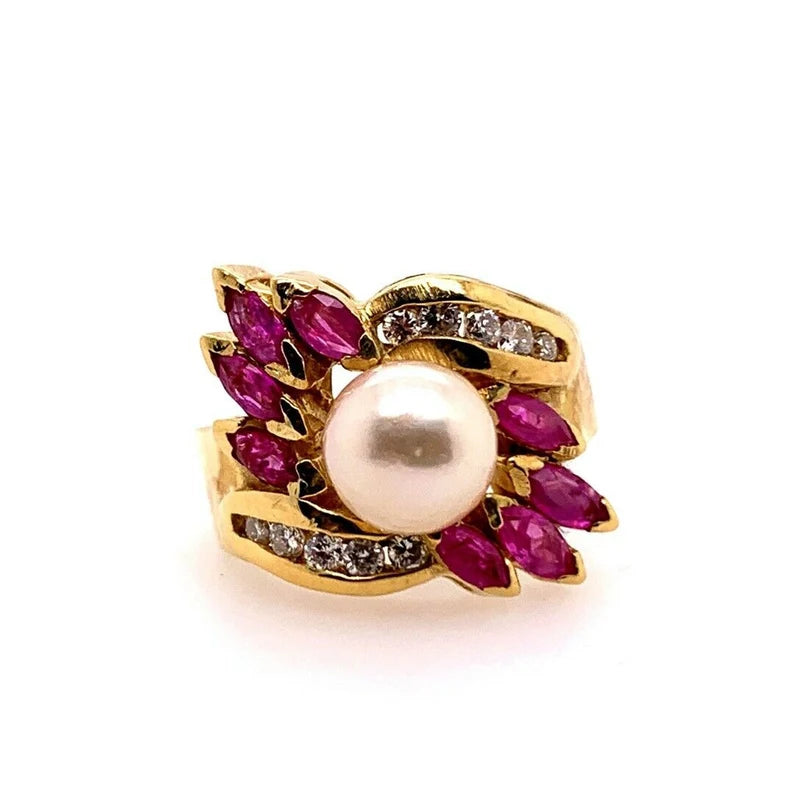 Retro Gold Cocktail Ring 1.50 Carats Natural Ruby, Diamond & Pearl Circa 1960