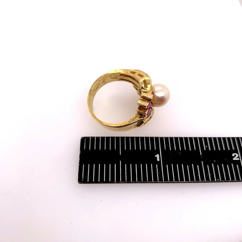 Retro Gold Cocktail Ring 1.50 Carats Natural Ruby, Diamond & Pearl Circa 1960
