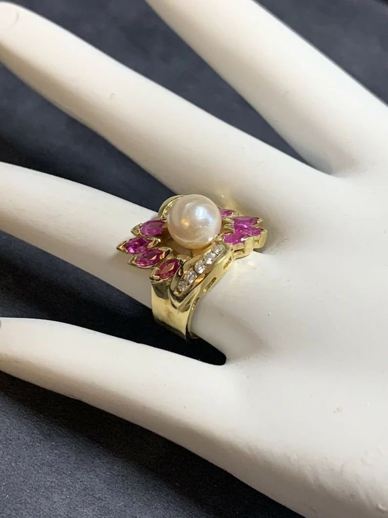 Retro Gold Cocktail Ring 1.50 Carats Natural Ruby, Diamond & Pearl Circa 1960