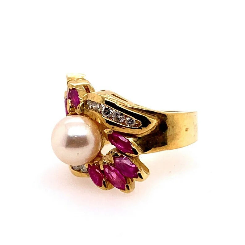 Retro Gold Cocktail Ring 1.50 Carats Natural Ruby, Diamond & Pearl Circa 1960