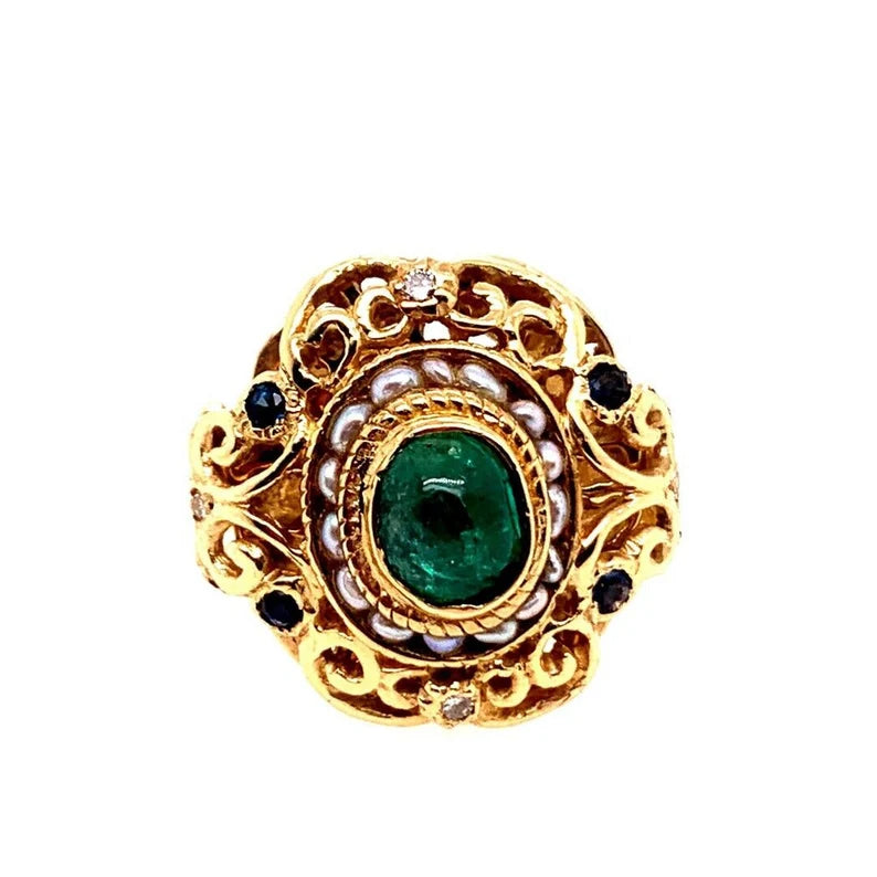 Retro Gold Cocktail Ring 2 Carat Natural Emerald Cab,Sapphire,Diamond Circa 1950