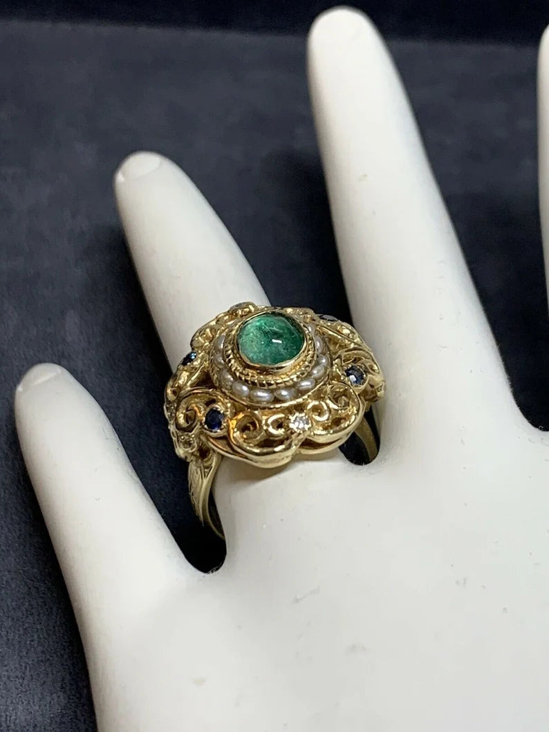 Retro Gold Cocktail Ring 2 Carat Natural Emerald Cab,Sapphire,Diamond Circa 1950