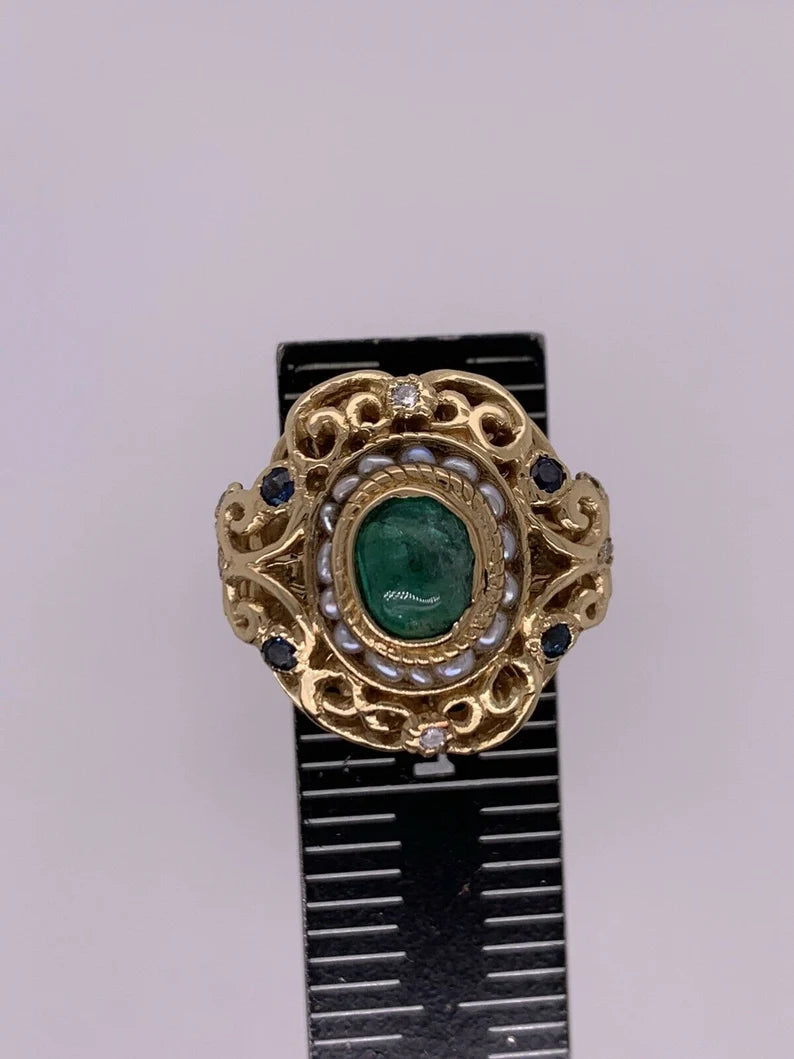 Retro Gold Cocktail Ring 2 Carat Natural Emerald Cab,Sapphire,Diamond Circa 1950