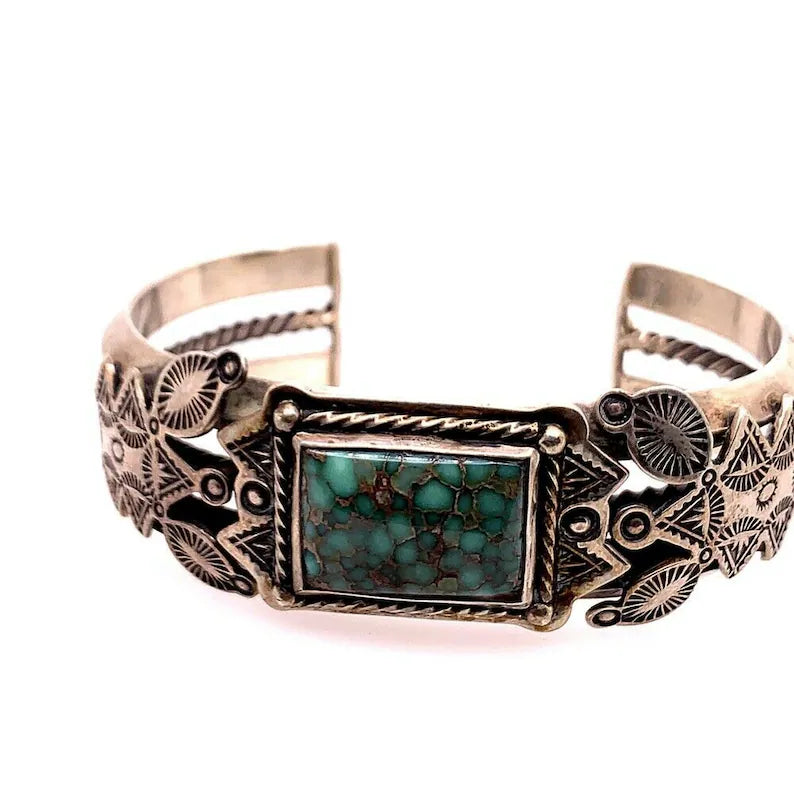 Rare Estate Cuff  Native Vintage Bangle 925 Silver 100.88g Turquoise Gem Stone