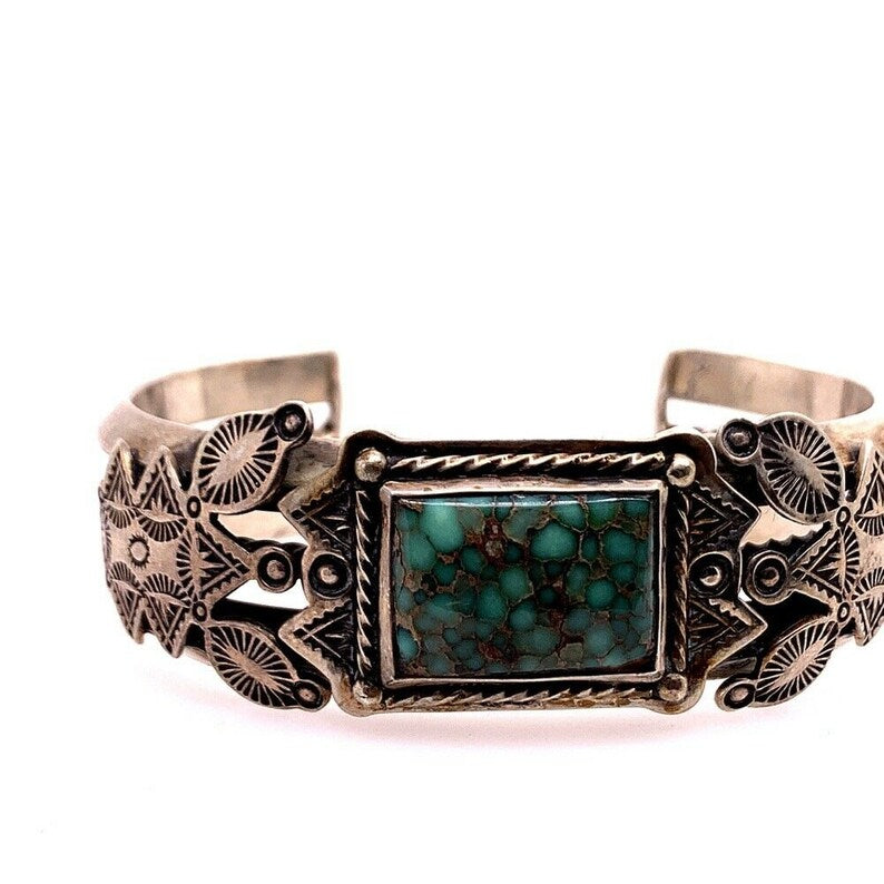 Rare Estate Cuff  Native Vintage Bangle 925 Silver 100.88g Turquoise Gem Stone
