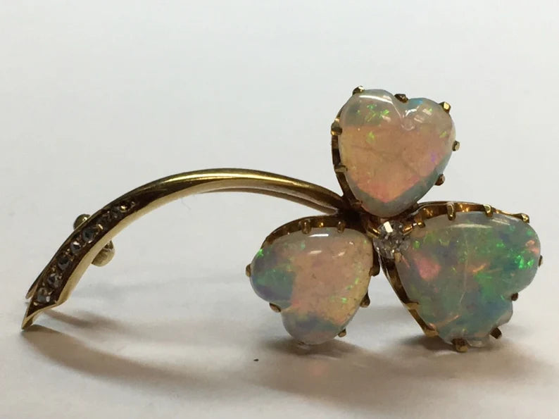 Victorian Fire Gold Natural Opal Pin Set With 8 Diamonds Gem Stone Rare Antique