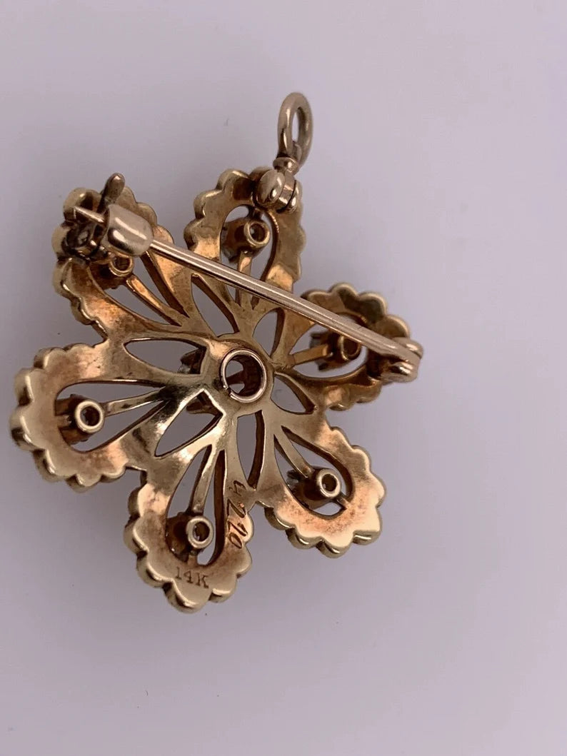 Victorian Gold Pendant & Brooche .65 Carat Natural Old Euro Diamond & Pearl Pin