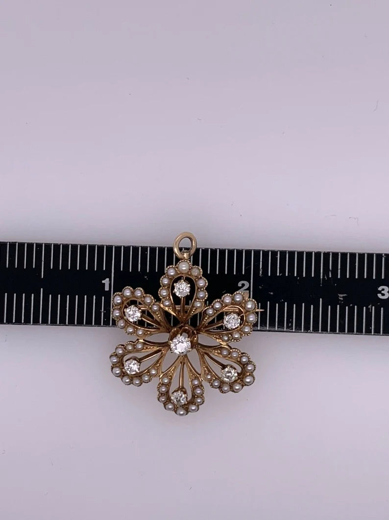 Victorian Gold Pendant & Brooche .65 Carat Natural Old Euro Diamond & Pearl Pin