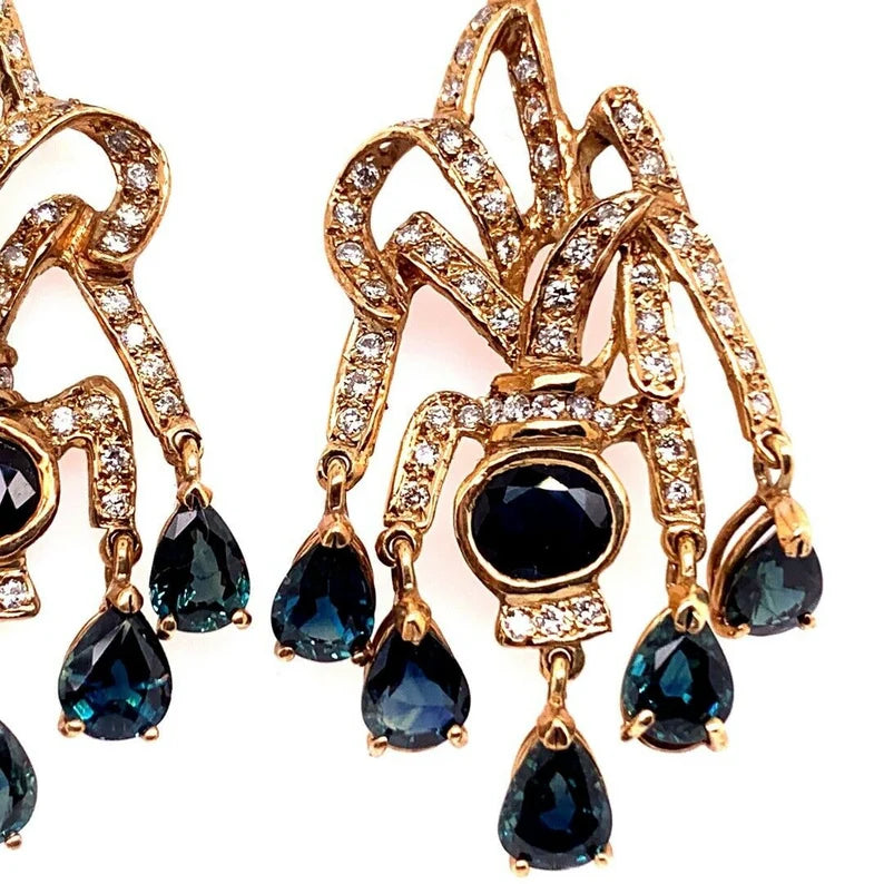 Retro Gold Earrings 30 Carat Natural Deep Blue Sapphire & Diamond Circa 1950