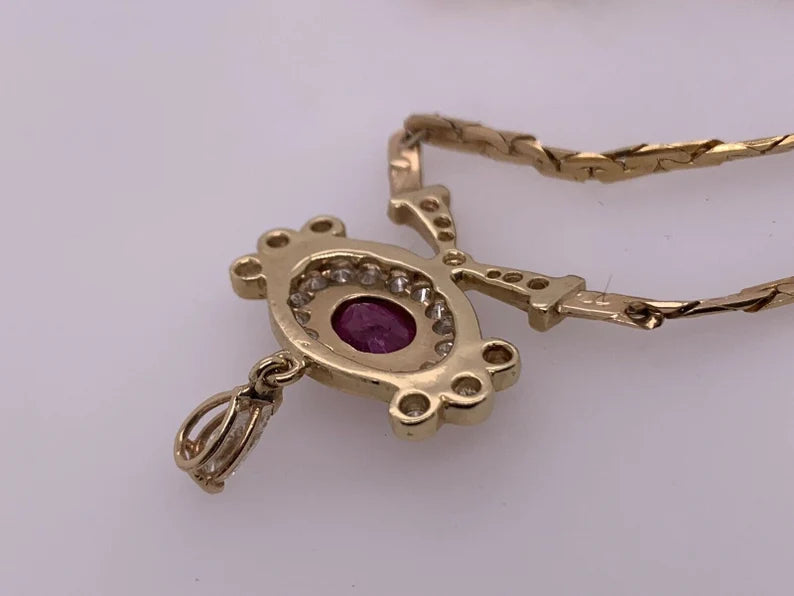 Retro Gold Necklace 3.25 Carat Total Natural Ruby & Diamond Gem Stone Circa 1960