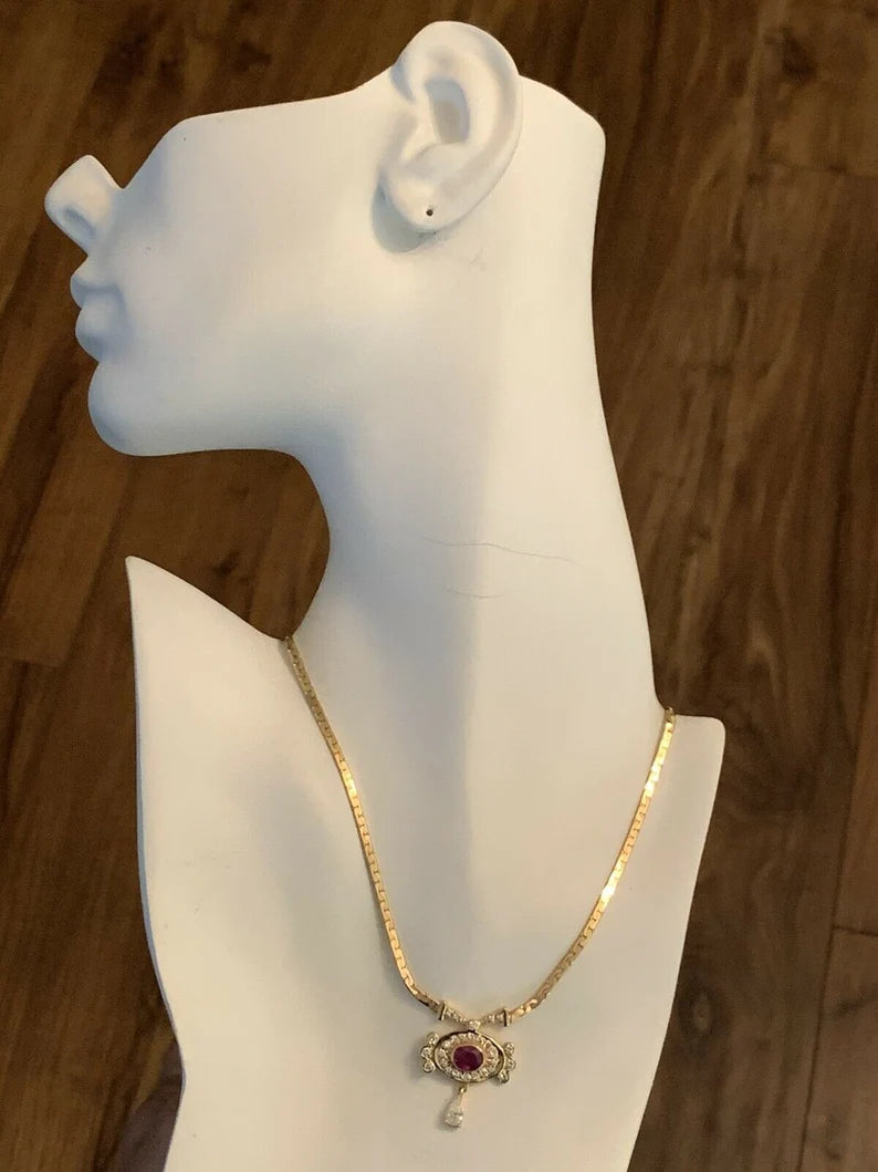 Retro Gold Necklace 3.25 Carat Total Natural Ruby & Diamond Gem Stone Circa 1960