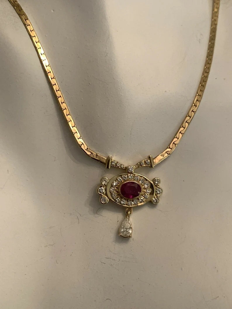 Retro Gold Necklace 3.25 Carat Total Natural Ruby & Diamond Gem Stone Circa 1960