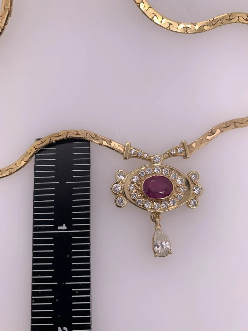 Retro Gold Necklace 3.25 Carat Total Natural Ruby & Diamond Gem Stone Circa 1960