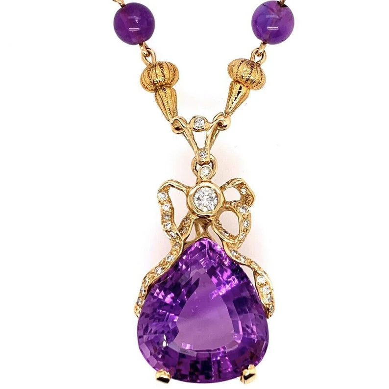 Retro Gold 35 Carat Natural Amethyst & Diamond Pendant Necklace Circa 1960