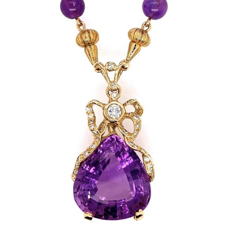 Retro Gold 35 Carat Natural Amethyst & Diamond Pendant Necklace Circa 1960
