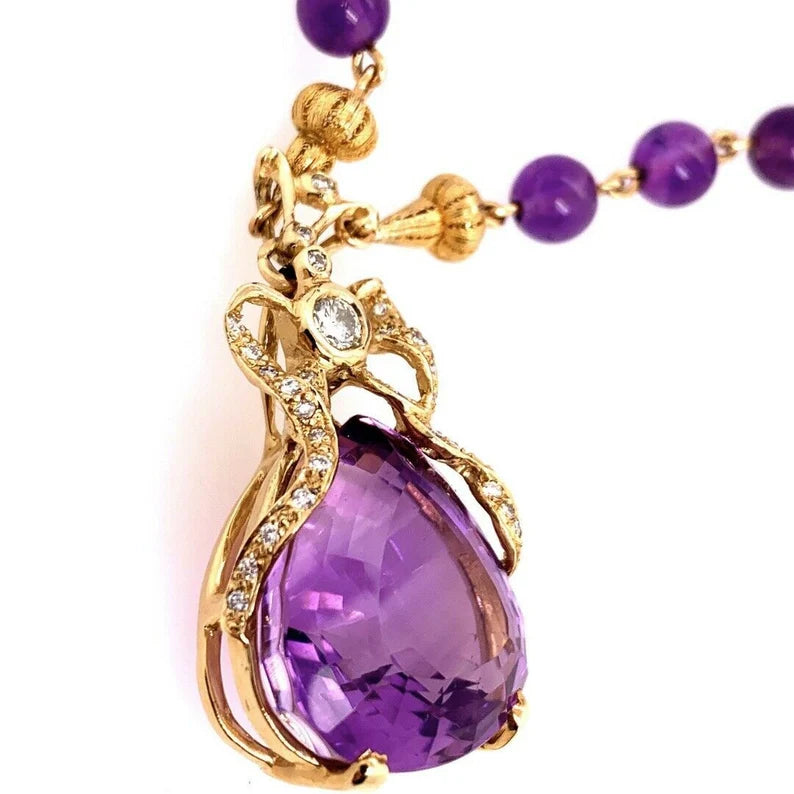 Retro Gold 35 Carat Natural Amethyst & Diamond Pendant Necklace Circa 1960