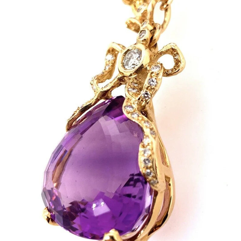 Retro Gold 35 Carat Natural Amethyst & Diamond Pendant Necklace Circa 1960